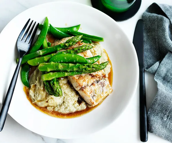 Pan-fried barramundi with eggplant and miso purée