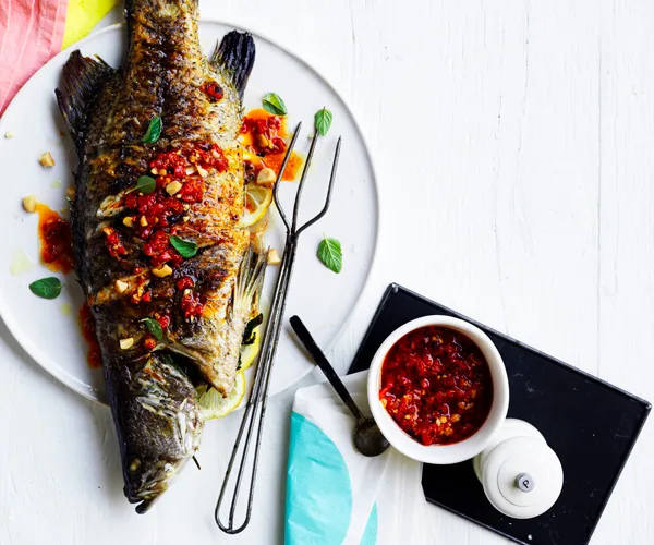 Barbecued barramundi with macadamia romesco
