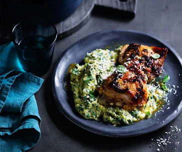 Roast chicken thighs with green polenta recipe