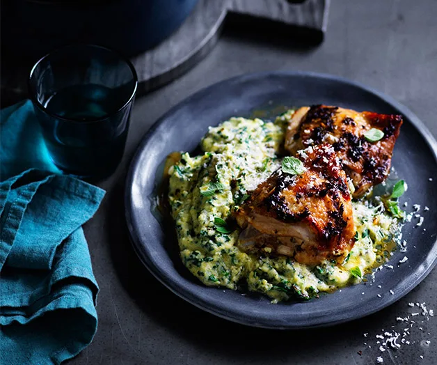 Roast chicken thighs with green polenta recipe