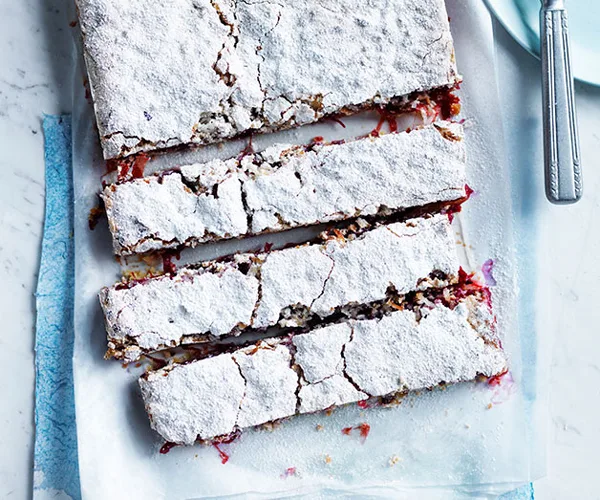 Rhubarb, lime and coconut slice