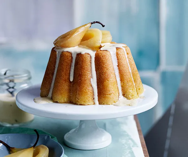 Steamed vanilla pudding with pears and vanilla crème anglaise