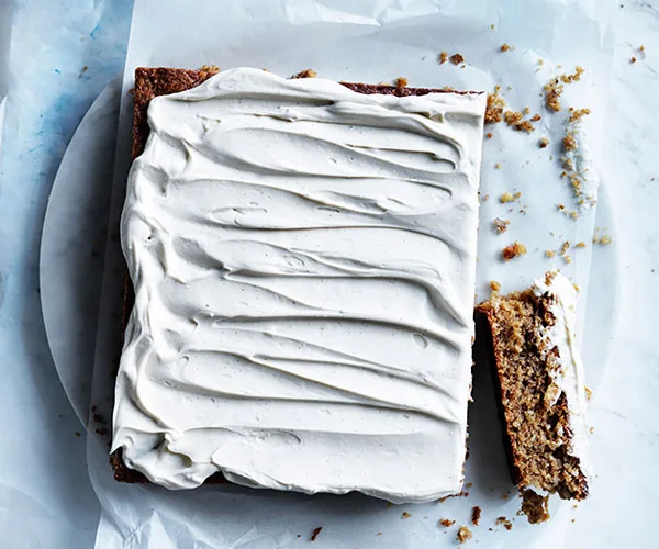 Spiced banana and walnut slice with mascarpone frosting