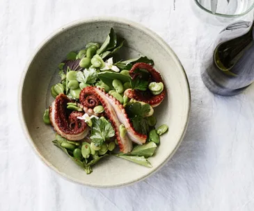 Brae’s barbecued octopus with lemon, broad beans and their leaves
