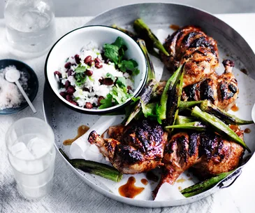 Barbecued chicken with blackened okra