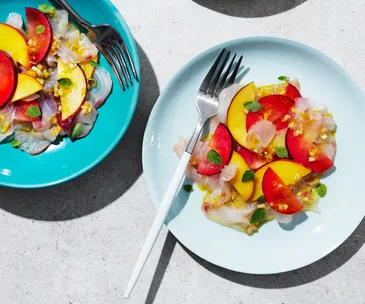 Red emperor crudo with stone fruit and orange-oregano dressing
