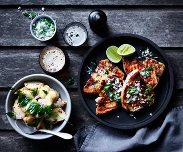 Turmeric pork chops with green chilli and coconut sambal