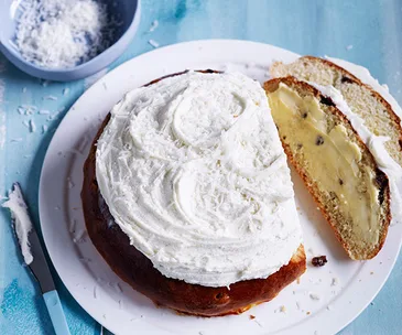 Boston bun with vanilla-coconut frosting