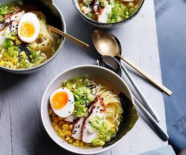 Smoked chicken ramen with corn