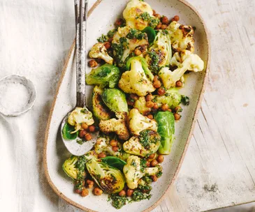Roasted cauliflower, Brussels sprout and chickpea salad