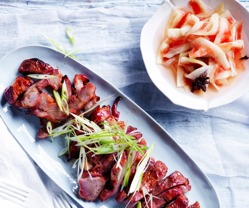 Chinese barbecue pork with pickled watermelon rind