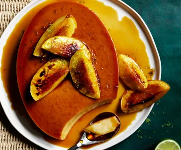 Leche and lime flan with burnt mango
