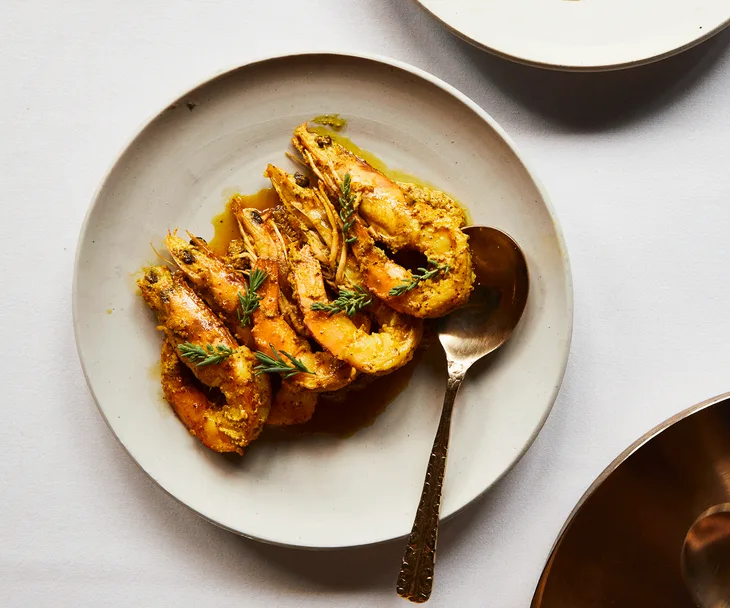 Helly Raichura’s Bengali prawns and seablite (shorshe chingri)
