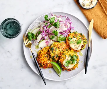 Carrot and chilli fritters with eggplant pickle and yoghurt