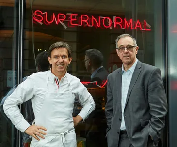 Andrew McConnell and Adrian Pozza standing outside Supernormal in Melbourne.