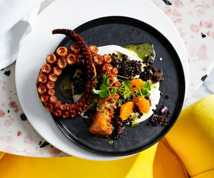 Si Paradiso’s charred octopus with almonds and mandarin