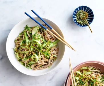 Asparagus and soba noodle salad with furikake pine nuts