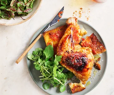 Roast chicken leg on top of bread with tomato-based sauce and side salad