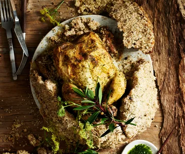 Salt baked chicken in pepperberry and wild fennel