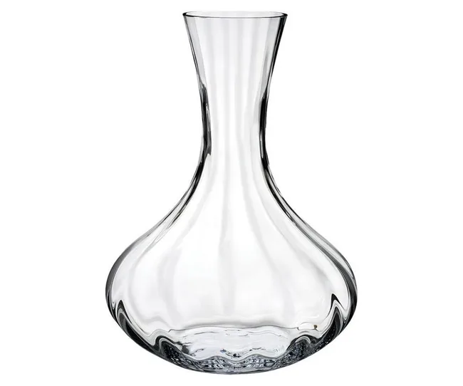 Clear glass decanter with a wide base and narrow neck on a white background.