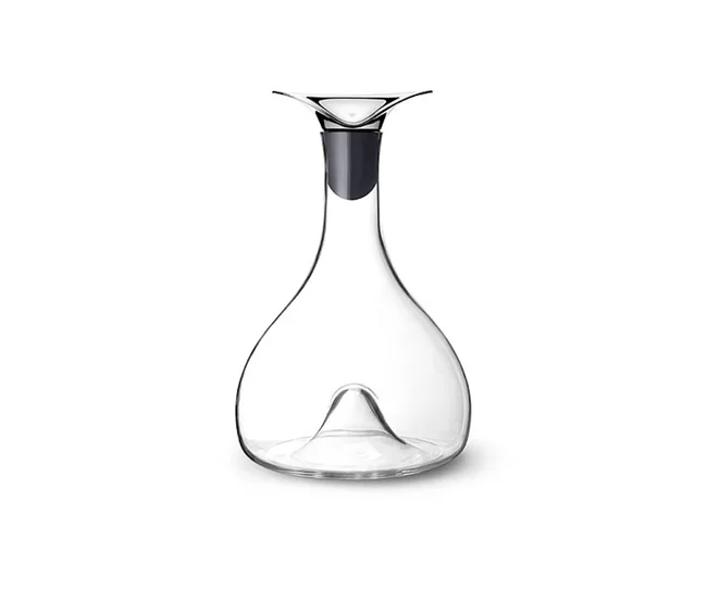 A clear, elegantly shaped glass decanter with a wide base and narrow neck, suitable for serving wine.