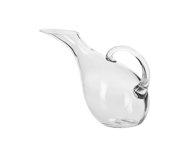 Transparent glass wine decanter with a curved handle and slender spout on a white background.