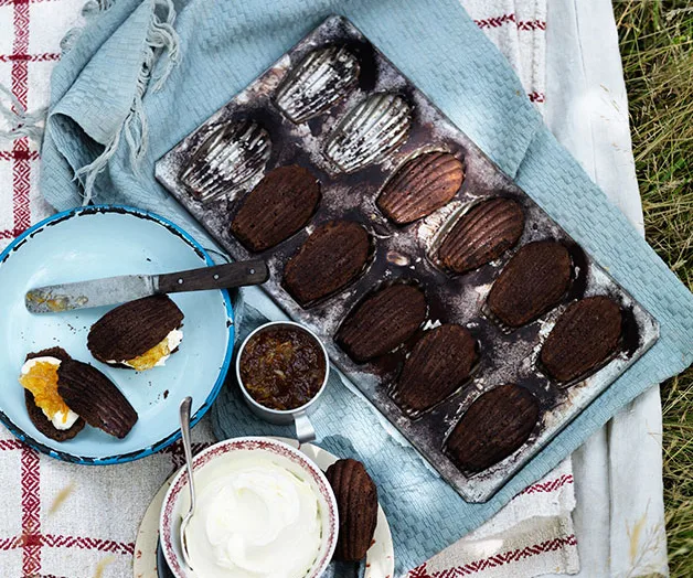 Tray of chocolate madeleines, with whipped cream and jam on plates, set on a picnic blanket.