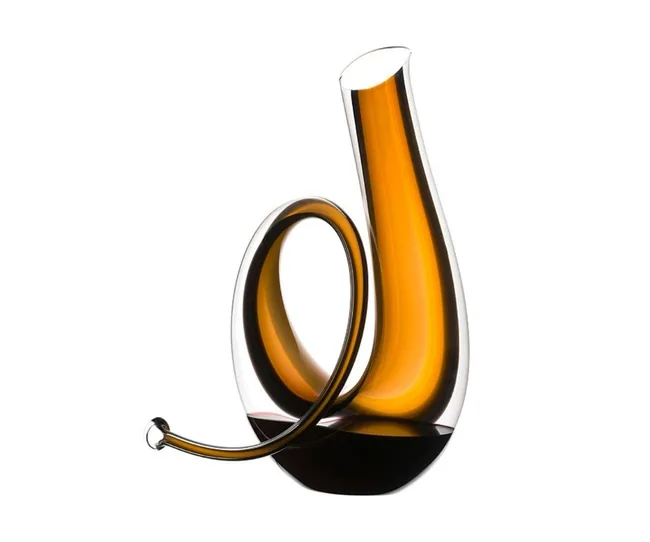 Elegant glass wine decanter with a swan-like, curvy design and amber hue.
