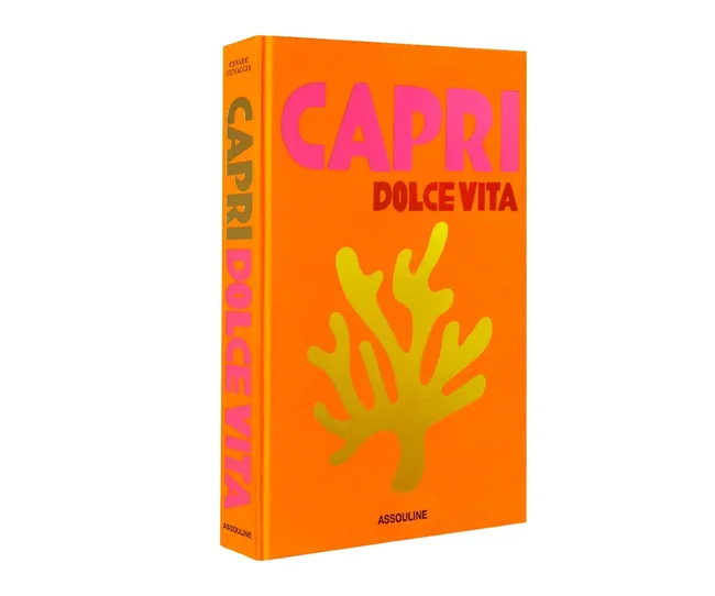 Orange book cover titled "Capri Dolce Vita" with pink and brown text and a yellow coral design.