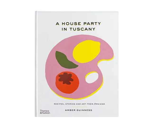 Cover of "A House Party in Tuscany" by Amber Guinness, featuring abstract fruit design and soft colors.
