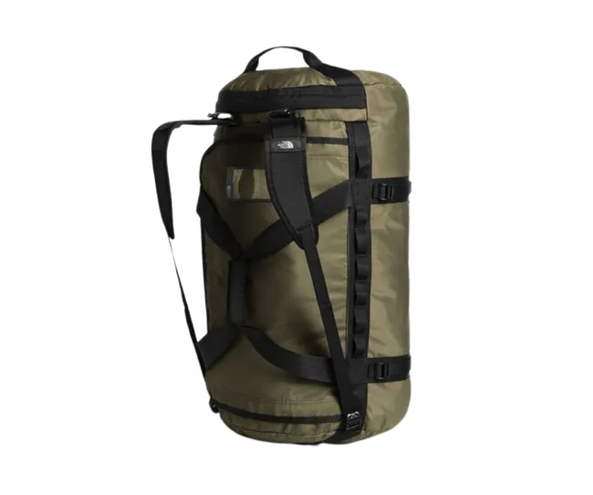 Olive green North Face duffel bag with black straps, shown upright.