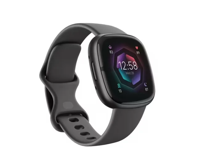 A black smartwatch with a colorful display showing time, date, and health stats, featuring a sleek design and band.