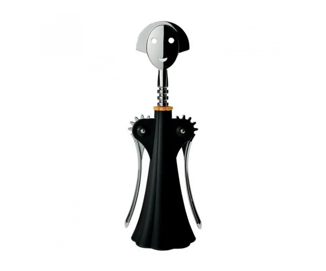 A whimsical corkscrew designed like a human figure with a smiling face and black dress-like body.