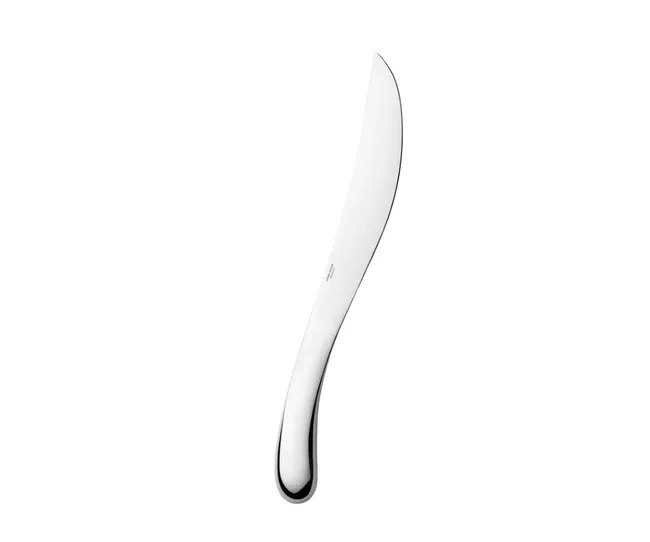 A sleek silver machete-like serving knife on a plain white background.
