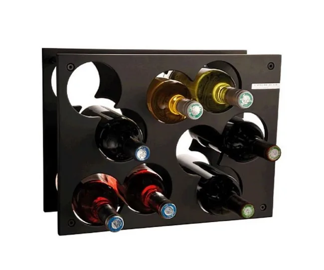 A black wine rack holding six bottles, including red and white wine, organized horizontally.