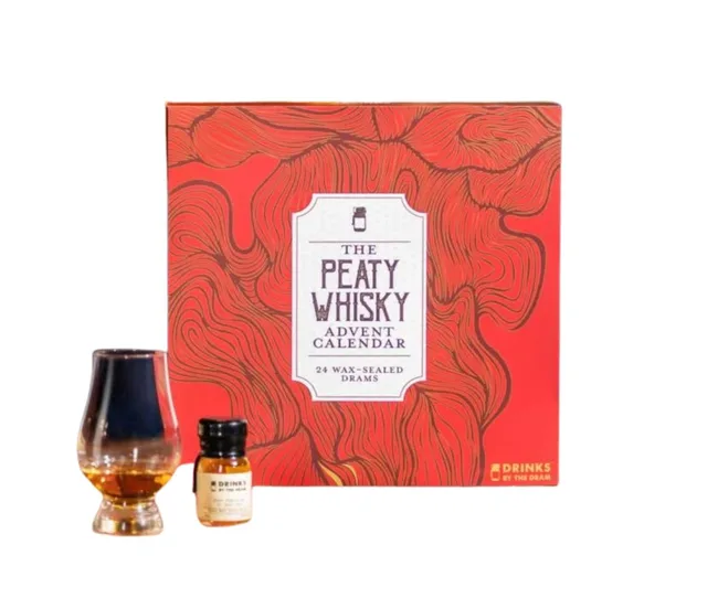 Peaty Whisky Advent Calendar with glass and miniature bottle in front, designed with red swirling patterns.