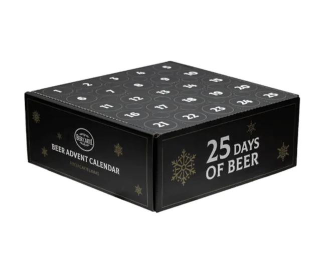 Black box labeled "Beer Advent Calendar" with "25 Days of Beer" and numbered slots on top.