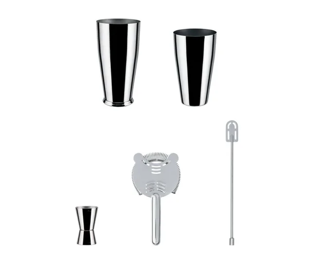 Barware set with a cocktail shaker, jigger, strainer, and stirring stick on a white background.