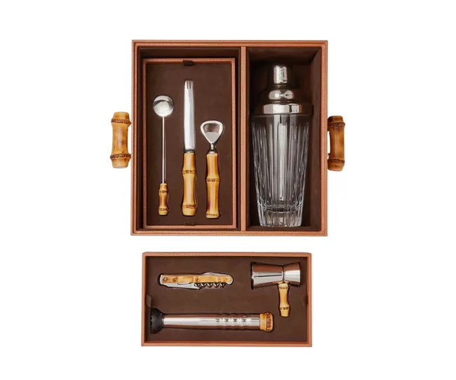 Bamboo-handled bar tool set in a wooden box, including shaker, corkscrew, jigger, spoon, fork, and bottle opener.