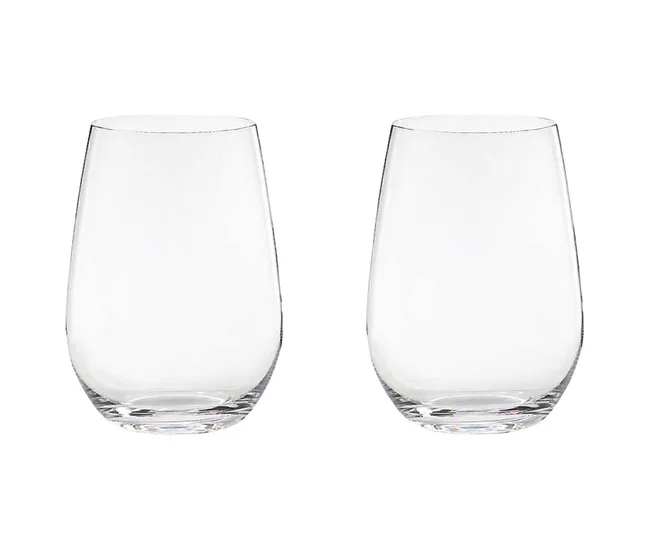 Two clear stemless wine glasses side by side on a white background.