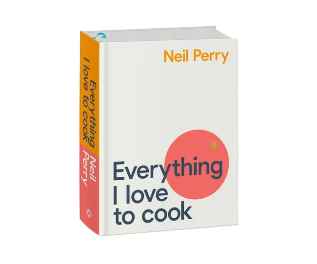 Cover of "Everything I Love to Cook" by Neil Perry, featuring a bold red circle design on a white background.