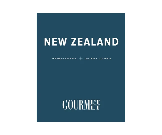 New Zealand Gourmet Traveller cover featuring "Inspired Escapes + Culinary Journeys" text on a dark teal background.