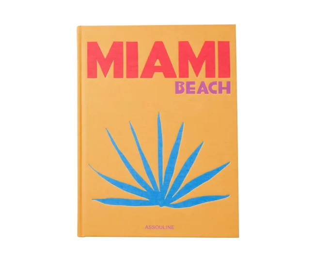 "Miami Beach book cover by Assouline featuring bold text and a blue plant on an orange background."