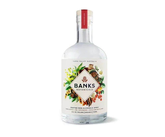 Bottle of Banks Botanicals non-alcoholic spirit with botanical design on label.
