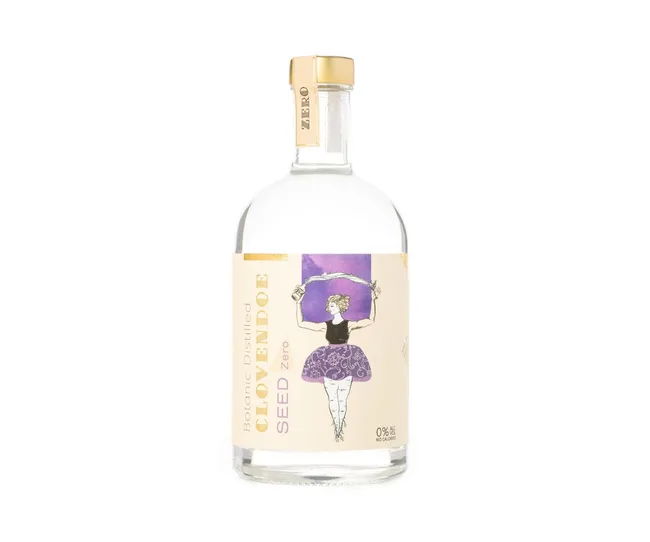 Bottle of Clovendoe Seed Zero with artistic label depicting woman holding a rope, 0% alcohol indicated.
