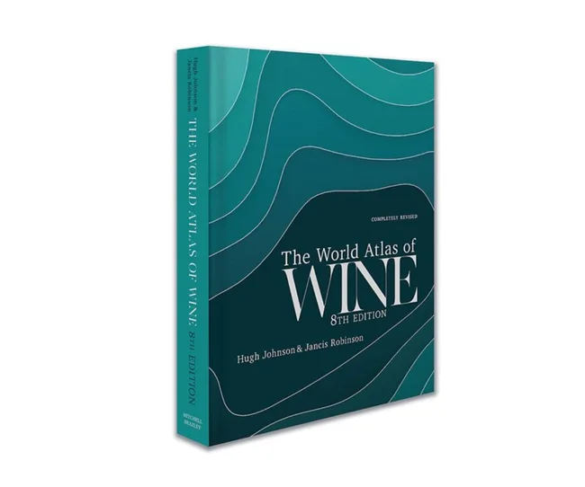 Cover of "The World Atlas of Wine, 8th Edition" by Hugh Johnson and Jancis Robinson, with a teal background.