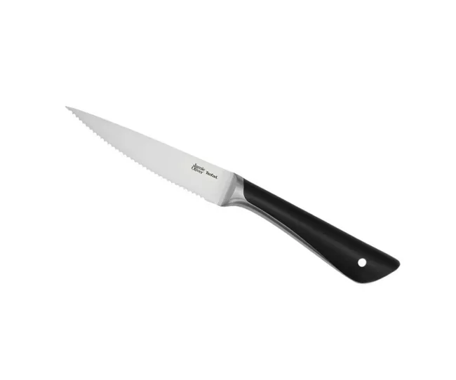 A serrated kitchen knife with a black handle against a white background.