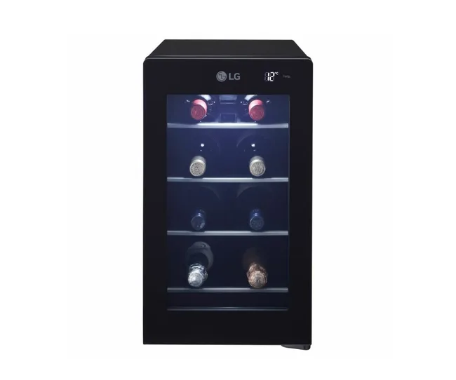 LG wine fridge with glass door and digital display showing temperature; holds several wine bottles on shelves.