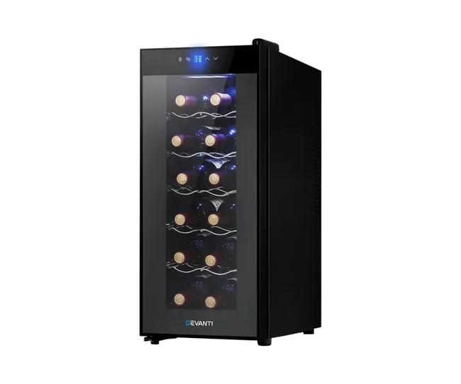 A black Devanti wine cooler fridge with a glass door, displaying rows of wine bottles inside.