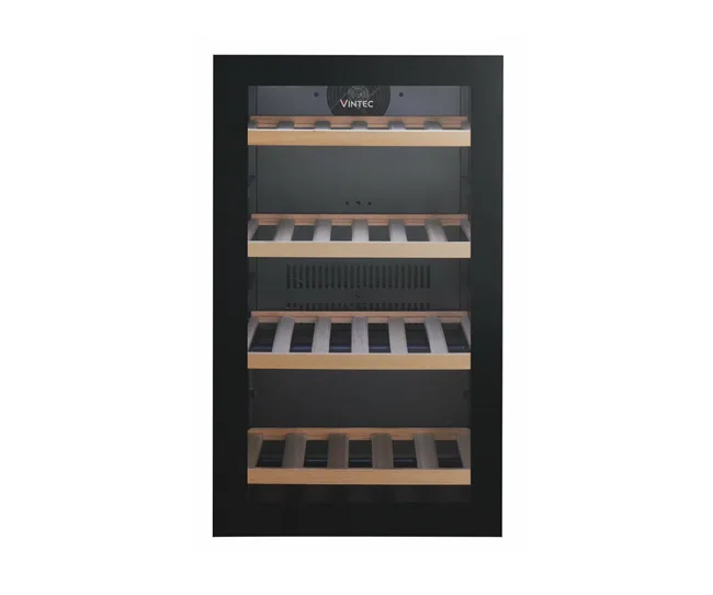 Vintec wine cooler with wooden shelves and a black frame, designed for storing bottles at optimal temperatures.
